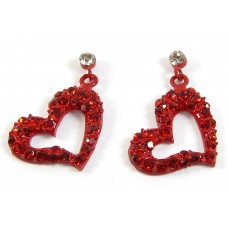 Pair Red Enamel Crystal Set Side Hanging Heart Earrings