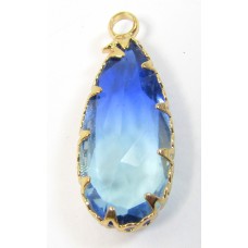 1 Faceted Teardrop Crystal Glass Gold Plated Pendant Charm Bicolour Light & Dark Sapphire