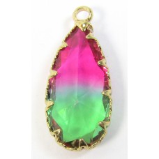 1 Faceted Teardrop Crystal Glass Gold Plated Pendant Charm Bicolour Fern Geen & Fuschia Pink