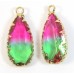 1 Faceted Teardrop Crystal Glass Gold Plated Pendant Charm Bicolour Fern Geen & Fuschia Pink
