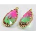 1 Faceted Teardrop Crystal Glass Gold Plated Pendant Charm Bicolour Fern Geen & Fuschia Pink