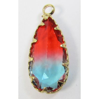 1 Faceted Teardrop Crystal Glass Gold Plated Pendant Charm Bicolour Aquamarine and Ruby