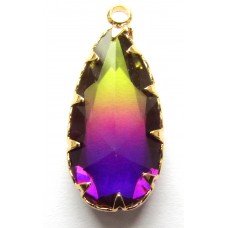 1 Faceted Teardrop Crystal Glass Gold Plated Pendant Charm Bicolour Amethyst & Lime