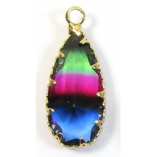 1 Faceted Teardrop Crystal Glass Gold Plated Pendant Charm Tricolour Dark Sapphire, Fuschia Pink & Fern Green