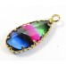 1 Faceted Teardrop Crystal Glass Gold Plated Pendant Charm Tricolour Dark Sapphire, Fuschia Pink & Fern Green