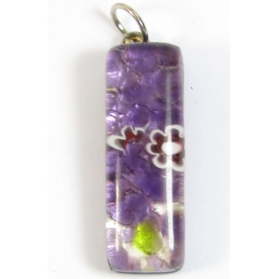 Murano Glass Thin Oblong Pendant - Silver Foiled Purple