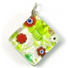 Murano Glass Medium Diamond Pendant - Silver Foiled Green