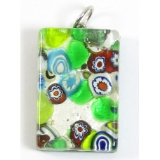 Murano Glass Medium Oblong Pendant - Silver Foiled Green