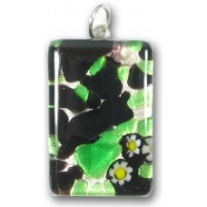 Murano Glass Medium Oblong Pendant - Silver Foiled Black