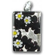 Murano Glass Medium Oblong Pendant - Silver Foiled Black