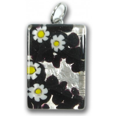 Murano Glass Medium Oblong Pendant - Silver Foiled Black