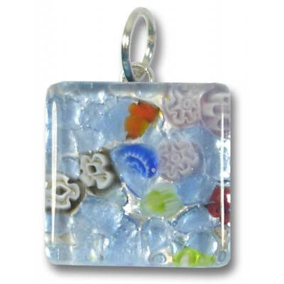 1 Murano Glass Pendant - Medium Square Silver Foiled Blue
