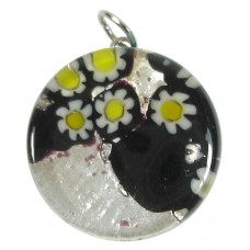 1 Murano Glass Pendant - Medium Round Silver Foiled Black