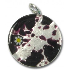 1 Murano Glass Pendant - Medium Round Silver Foiled Black