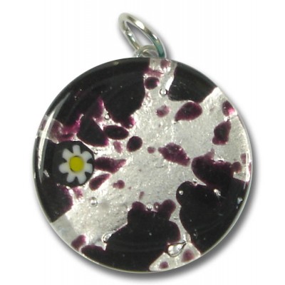 1 Murano Glass Pendant - Medium Round Silver Foiled Black