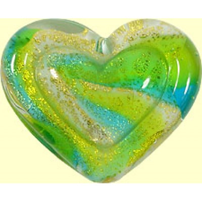 1 Murano Glass White Heart Goldfoiled Lime Emerald Embossed Heart