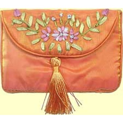 1 Small Satin Tasselled Jewellery Envelope-Style Pouch with Silk Embroidery (Purse with Zip)